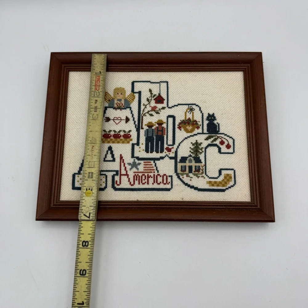Vintage ABC America Framed Needlepoint Cross Stitch Country Decor 9